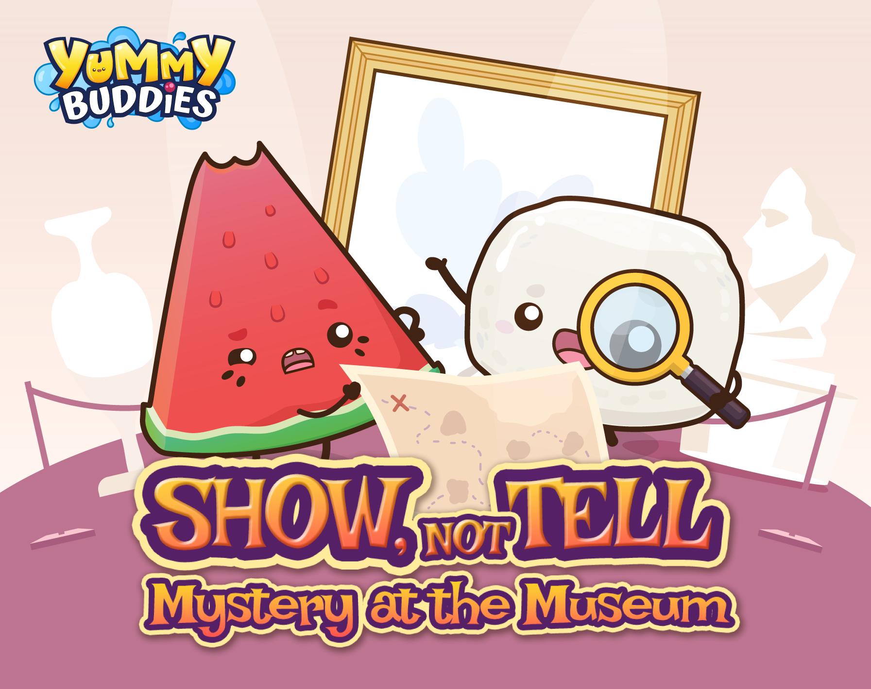 Merry the watermelon and Bouncy the fishball examining a map with a magnifying glass in a museum, under the title "SHOW, NOT TELL Mystery at the Museum".